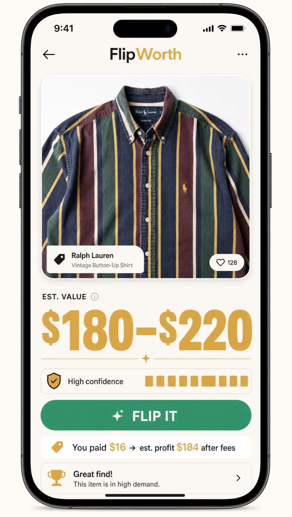 FlipWorth value reveal — this shirt is worth $180–$220, flip it