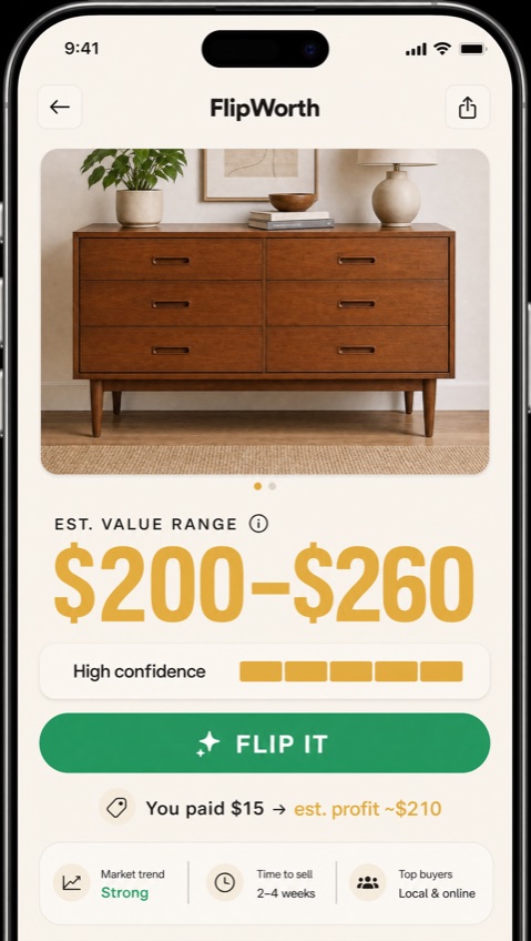 Furniture value reveal screen