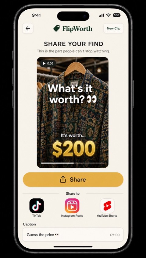 Shareable price-reveal clip screen